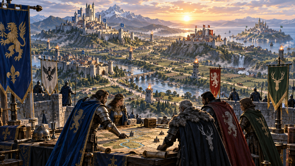 Medieval commanders from several cities planning an alliance campaign; editorial Evony illustration.