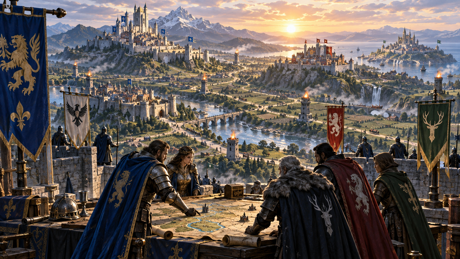Medieval commanders from several cities planning an alliance campaign; editorial Evony illustration.