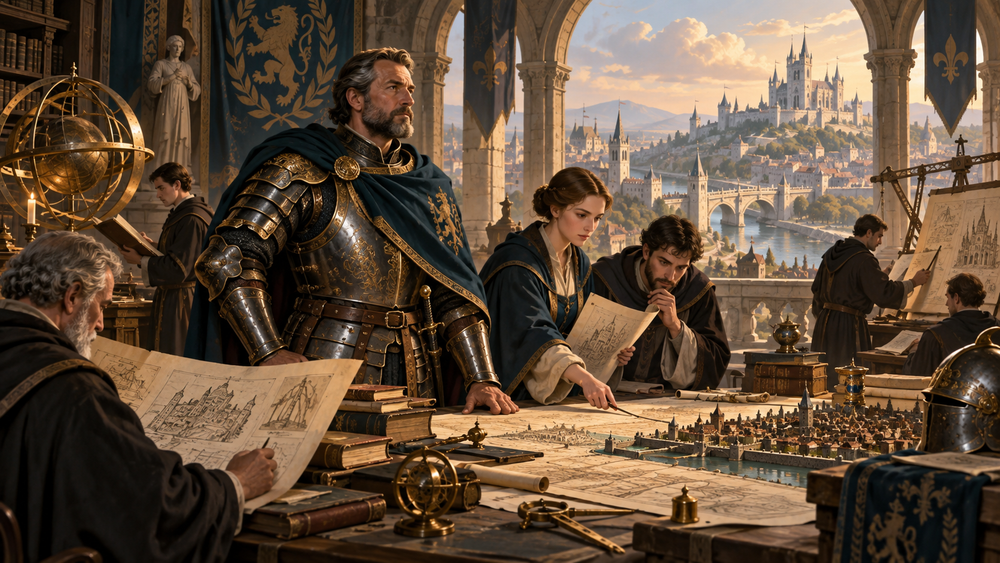 A general advising scholars inside a medieval academy; editorial illustration for an Evony Duty General guide