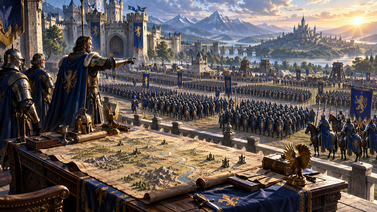 A large army assembling at a castle rally ground; editorial illustration for an Evony March Size guide